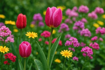 Blooming flowers in a rain-soaked garden