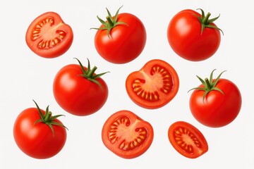 Vibrant flying tomatoes against a white background