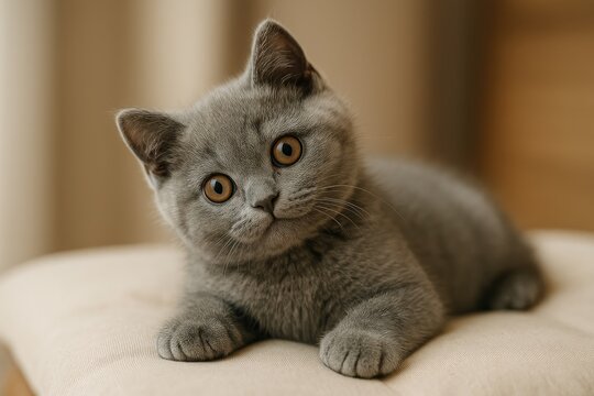 Adorable gray British shorthair kitten resting on a cushion, gazing inquisitively with head tilted to the side