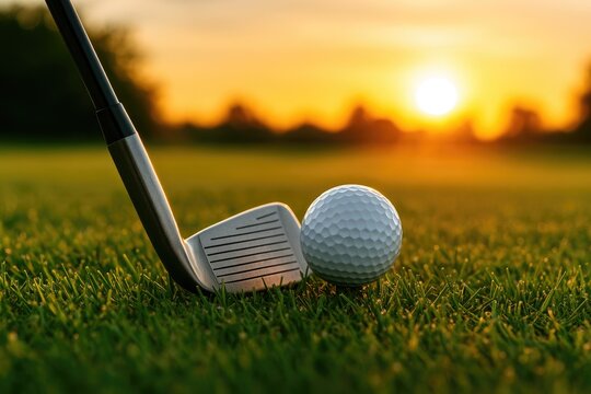 Detailed shot of a golf club and golf ball amidst lush grass at dusk