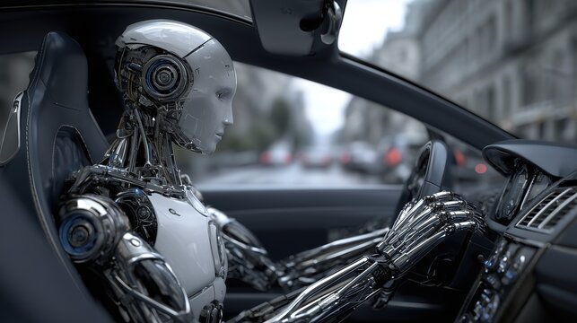 Humanoid robot driving luxury car with high-tech interior
