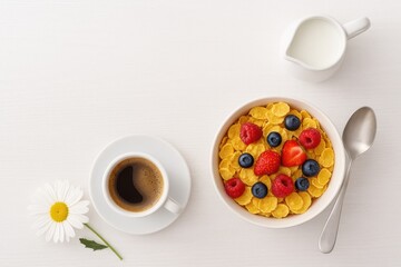 Nutritious morning meal with cereal, fresh berries, and a hot beverage, captured from a top-down perspective.