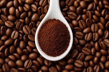 Fototapeta premium Freshly ground coffee in a white porcelain spoon resting on coffee beans with aromatic ingredients, captured in a vertical shot.