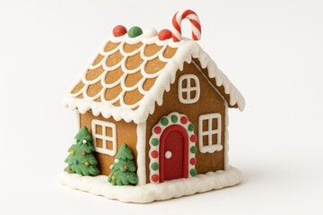 Festive holiday gingerbread house for Christmas decor on a white background
