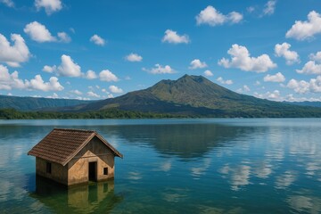 Stunning lakeside view featuring a tranquil mountain scene under a partly cloudy sky with an abandoned submerged house in the foreground