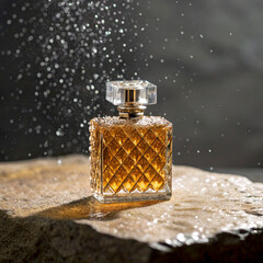 Luxurious amber liquid perfume in a textured glass bottle with sparkling water droplets falling