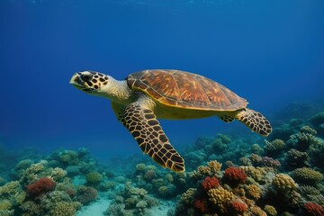 Obraz premium Juvenile female hawksbill sea turtle captured in a wide-angle side perspective above vibrant coral formations
