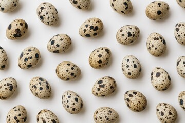 Obraz premium Set of small quail eggs displayed on a plain white surface