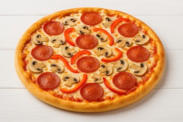 Delicious freshly baked spicy Italian-style pizza topped with mozzarella, red peppers, and mushrooms on a rustic wooden surface