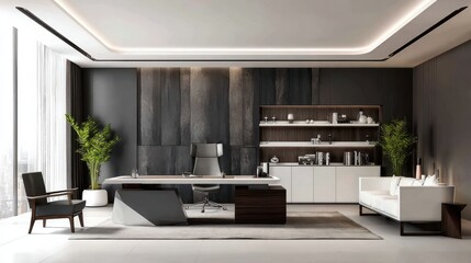 Tiny House Office Setup type. Modern office interior with sleek design and elegant furnishings.