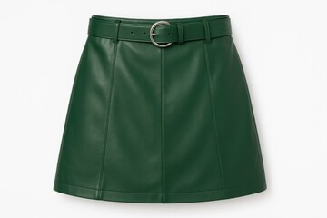 Vivid green leather mini skirt with waist belt on plain background