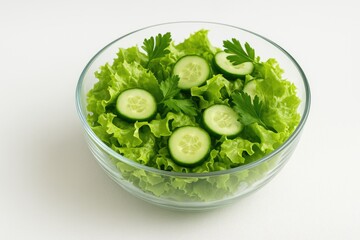 Healthy green salad featuring crisp lettuce, fresh cucumbers, and aromatic parsley served in a glass bowl against a white backdrop