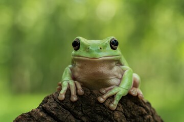 Naklejka premium Close-up of a plump frog in its natural environment showcasing vibrant green fauna
