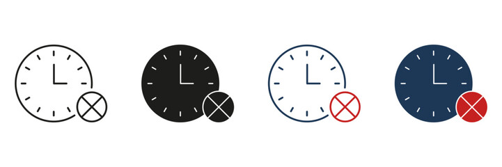 Clock With Cancel Symbol Line And Solid Icon Set. Time Management, Deadline Missed, And Schedule Cancellation Silhouette Symbol Collection. Isolated Vector Illustration