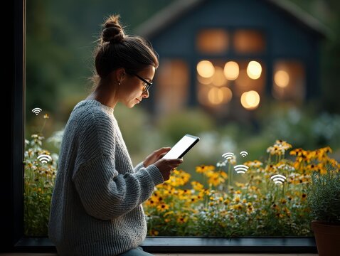 Woman using tablet by the window with flowers.