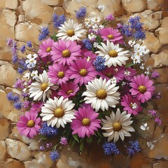 A bouquet of pink and white daisies with small purple flowers.