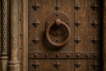 Fototapeta premium Detailed view of an old religious building's wooden entrance with aged metal fittings, showcasing historical architectural features