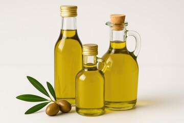 Mild-flavored olive oil stored in glass bottles against a white backdrop