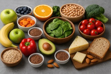 Nutritional choices featuring fresh produce, seeds, superfoods, grains, and leafy greens against a concrete backdrop