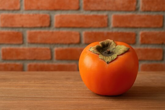 Vibrant tropical fruit scene featuring fresh persimmons on a rustic wooden surface with a textured brick backdrop