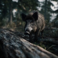 A wild boar foraging in a lush forest environment