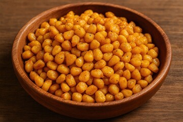 Seasoned fried corn served in a wooden bowl