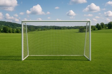 Empty soccer goal standing in a grassy field