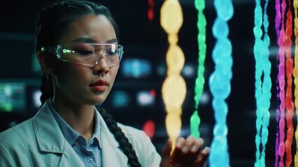 Female scientist analyzing data hologram display in a futuristic lab environment, representing innovation, scientific research, biotechnology and advanced digital technology - Powered by Adobe