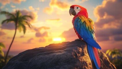 Vibrant macaw perched on a rock at sunset in a tropical paradise landscape