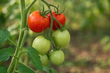 Fruiting process of tomatoes on plant stems with blurred background