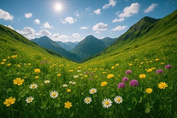 Fototapeta premium Vegetation covering the mountain inclines with wildflowers and grasses