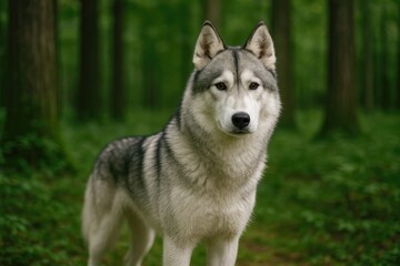 Obraz premium Gray husky resembling a wolf in woodland scenery