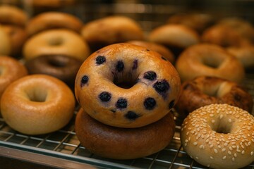 Warm bakery window featuring a cherry-topped bagel and a variety of fresh bagels