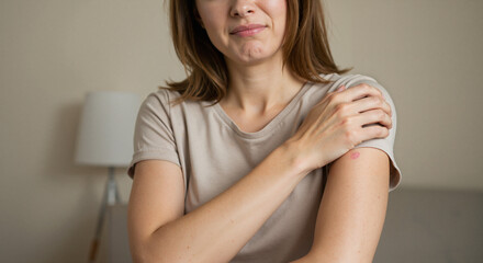 Fototapeta premium Young woman holding her shoulder with a pained expression indoors 