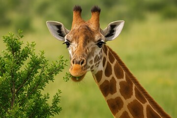 Obraz premium Giraffe's face peeking through foliage as it feeds