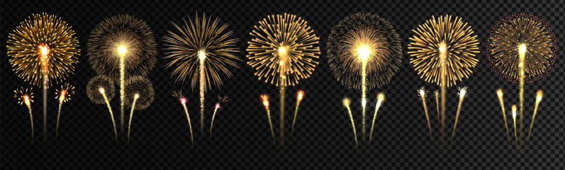 Realistic golden fireworks explosion set in various shapes and sizes, isolated on transparent background for celebration and festive design use. Vector illustration

