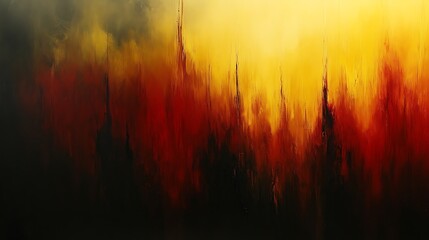 Abstract painting of fiery, vertical structures.