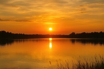 Obraz premium Dusk hues illuminating a tranquil lake with shimmering reflections