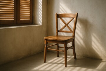 A detailed shot of a solitary wooden seat positioned in a room corner, with sunlight filtering through closed shutters onto bare white walls.