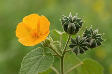 Native plant species of the island featuring the hairy Indian mallow, an invasive flora with a macro floral backdrop
