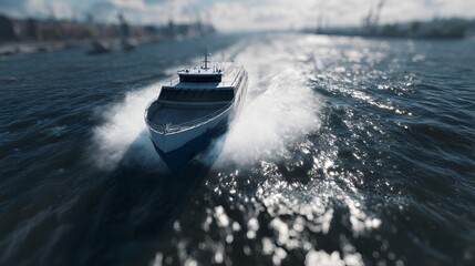 Fototapeta premium High speed ferry creating large wake near the harbor