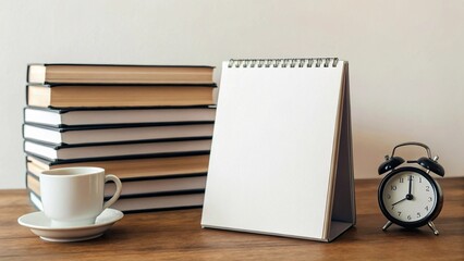A blank desktop calendar stands prominently on a wooden table, flanked by a stack of academic books, a steaming cup of coffee, and a vintage alarm clock