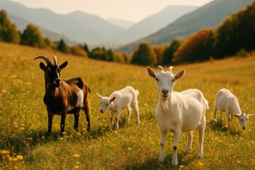 Obraz premium Summer meadow with goats grazing