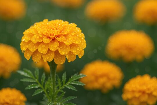 Bright yellow marigold flower with triploid petals and water droplet accents