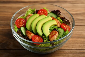 Close-up of a fresh salad in a glass bowl featuring ripe avocado on a wooden surface