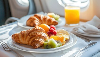 Continental Breakfast Served on Airplane Tray Table with Natural Light