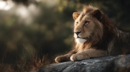 Naklejka premium A majestic lion resting on a rock in the savannah