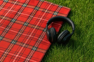 Design idea featuring headphones with a red plaid pattern and lush green grass background