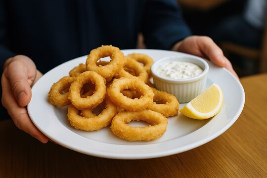Crunchy Fried Calamari Rings Served with Tartar Dip and Lemon Wedge