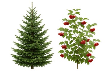 Coniferous tree and flowering shrub on a plain white backdrop